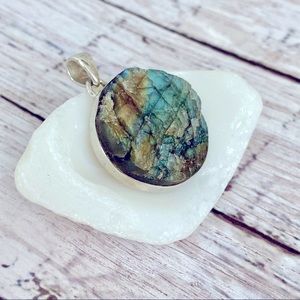 Large Raw Labradorite Gemstone Circle Pendant Sterling Silver Bail & Setting